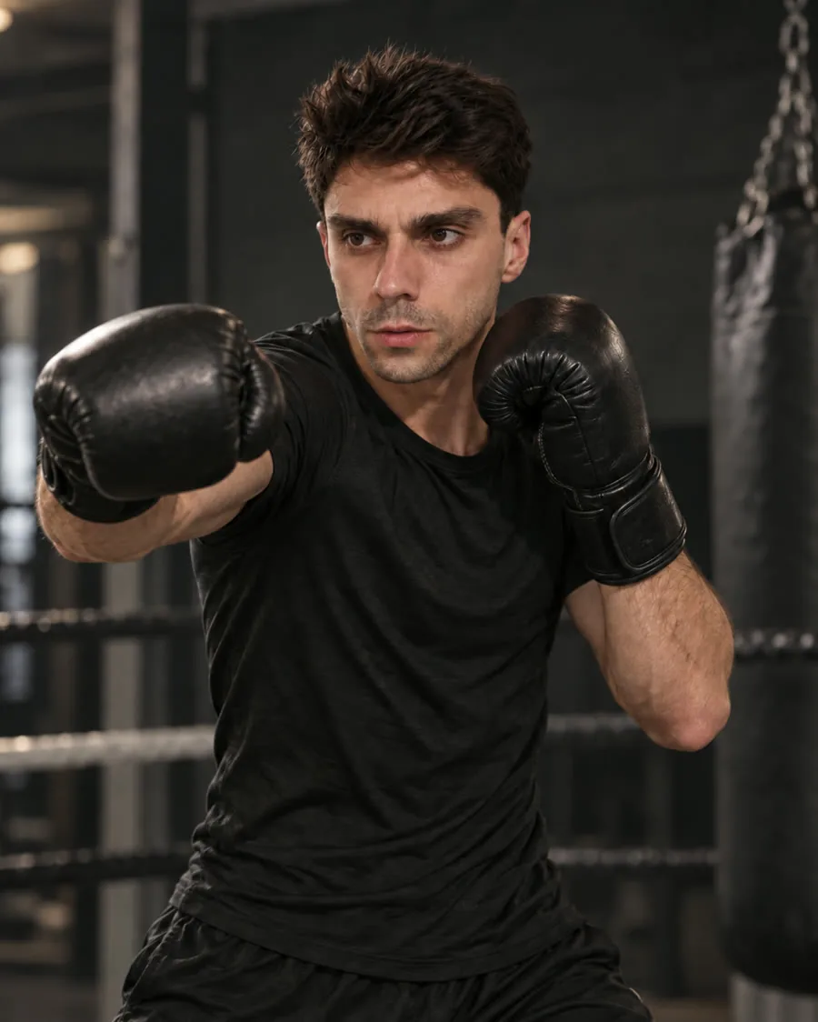 Maxime Uros boxing with a focused expression and gloves raised