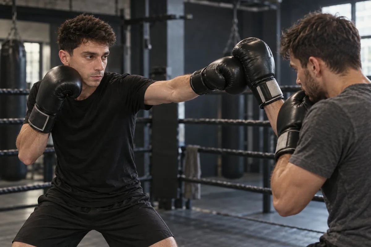 Max sparring in a gym, throwing a controlled jab into his partner’s guard